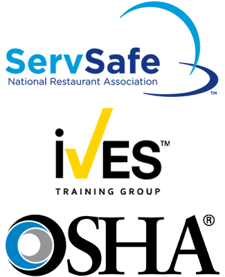 Partner Logos: ServSafe, iVES, and OSHA